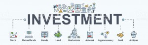Investment banner web icon for business and finance. Property, Land, stock, gold, bond, mutual funds, currency exchange, profit and loss. Minimal vector infographic.