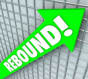 Rebound word on a green 3d arrow to illustrate rising, improving or increasing and bouncing back to succeed